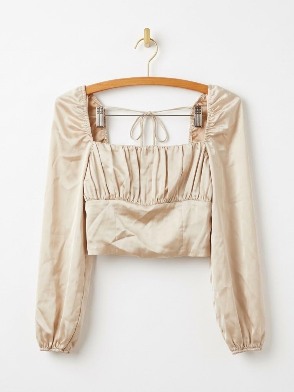 Satin Crop Top Size Medium Ruched Bust Victorian Milkmaid Champagne Coquette